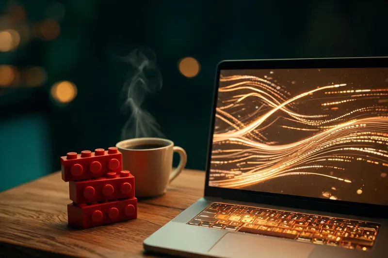 Una laptop con líneas de luz en la pantalla, una taza de café y una pila de tres bloques rojos.